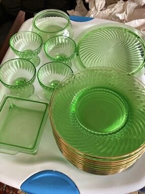 Green Uranium Glass Dinnerware Set - Vintage Style Swirl Gold Trim
